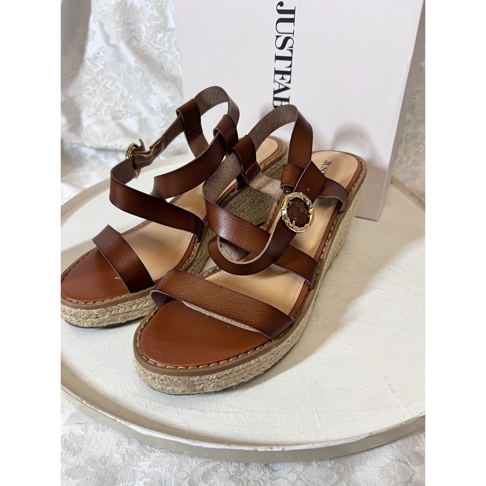 JustFab Party Side Cognac Brown Espadrille Wedge Sandals Womens 8.5 WE2042376